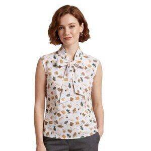 Retrolicious Book Coffee Pot Unique Novelty Print Sleeveless Bow Blouse Size L